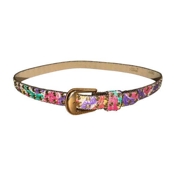 90s Retro Multicolor Geometric Studded Genuine Leather Belt SM Gold Hardware main image 5